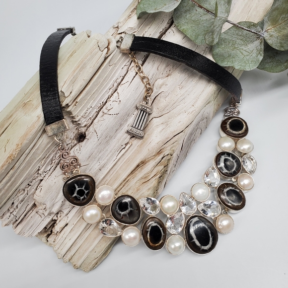 Natural Ocean Fossil Jewelry Designer Necklace Silver Leather Genuine Stone - Picture 9 of 14